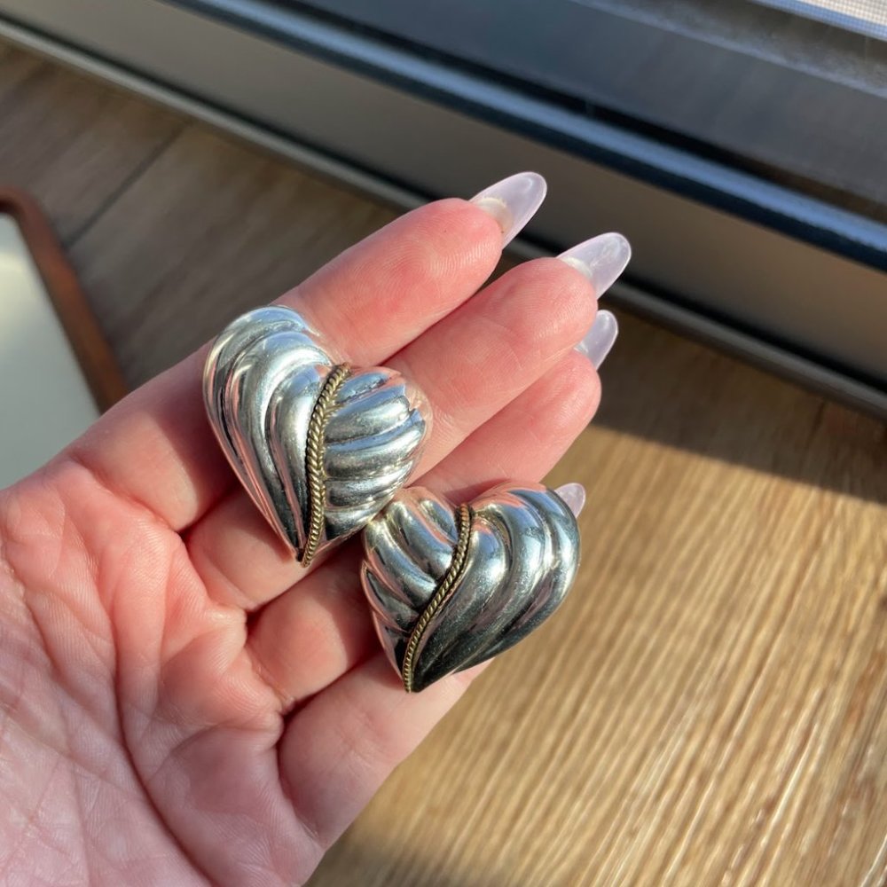 Giant Vintage Swirly Heart Sterling and Brass Earrings